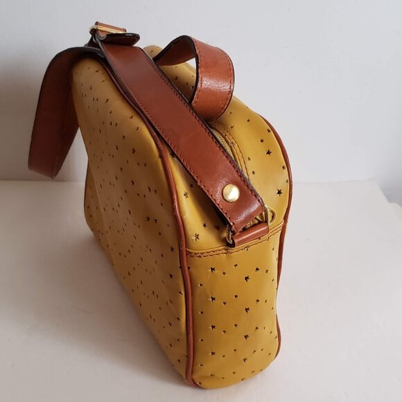 Leather VINTAGE ITALIAN Bag 80s Retro Crossbody Boxy Mustard Yellow Tan Brown - Picture 14 of 16